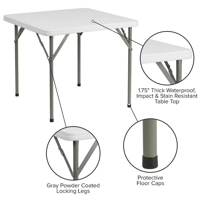 2.85-Foot Square Plastic Folding Table - Event Folding Table - 34.25D x 34.25W x 29.5H