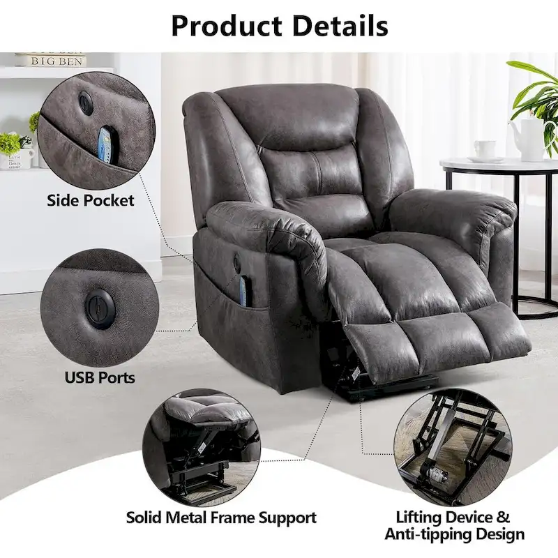 PU leather Power Recliner Lift Chair and Massage Sofa Remote Easy Control