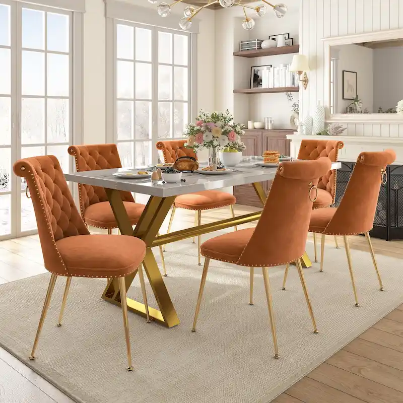 7-Piece Clihome Marble Dining Table with Velvet Chair Dining Chair