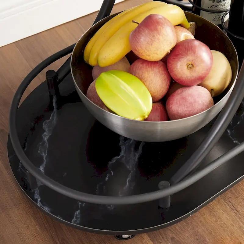 Black Wood Kitchen Cart with Wine Rack & Glass Holder Beverage Cart 2-Tier Mobile Bar Serving Cart Rolling Drink Trolley