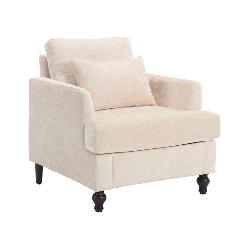 Beige 29.53 Chenille Upholstered Arm Chair with Solid Wood Frame and Cushions