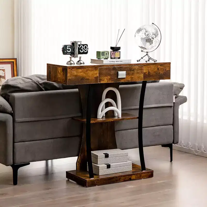 Console Sofa Table with Drawer & 2-Tier Shelves, Black & Rustic Brown, 16