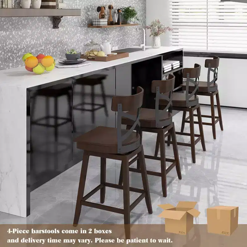 Costway Set of 4 Wooden Swivel Bar Stools Counter Height Kitchen Chairs w/ Back Brown