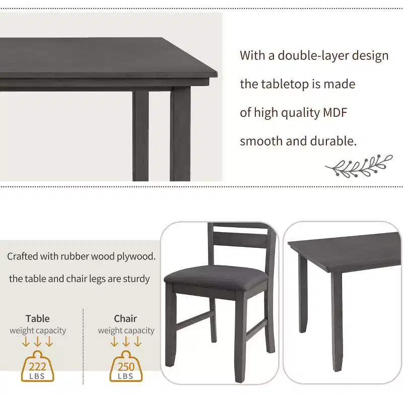 GDFStudio Mark 6 Piece Solid Wood Dining Set with Table and Chairs