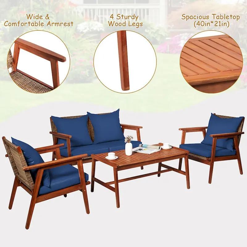 Costway 8PCS Patio Rattan Furniture Set Acacia Wood Frame Cushioned