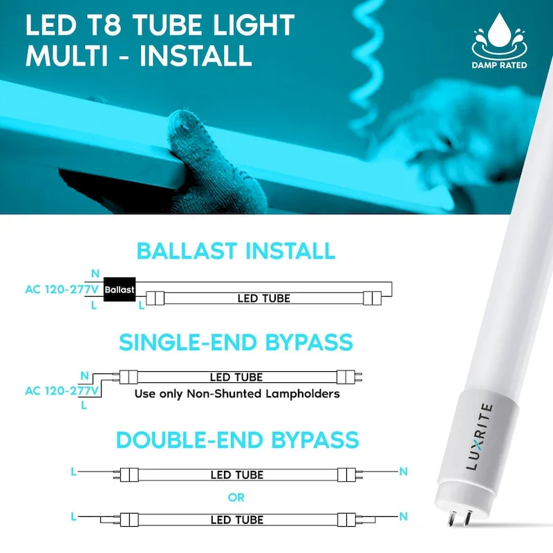 Luxrite 4FT T8 LED Tube Light, Ballast and Ballast Bypass, 13W=32W, 1800 Lumens, Damp Rated 12 Pack