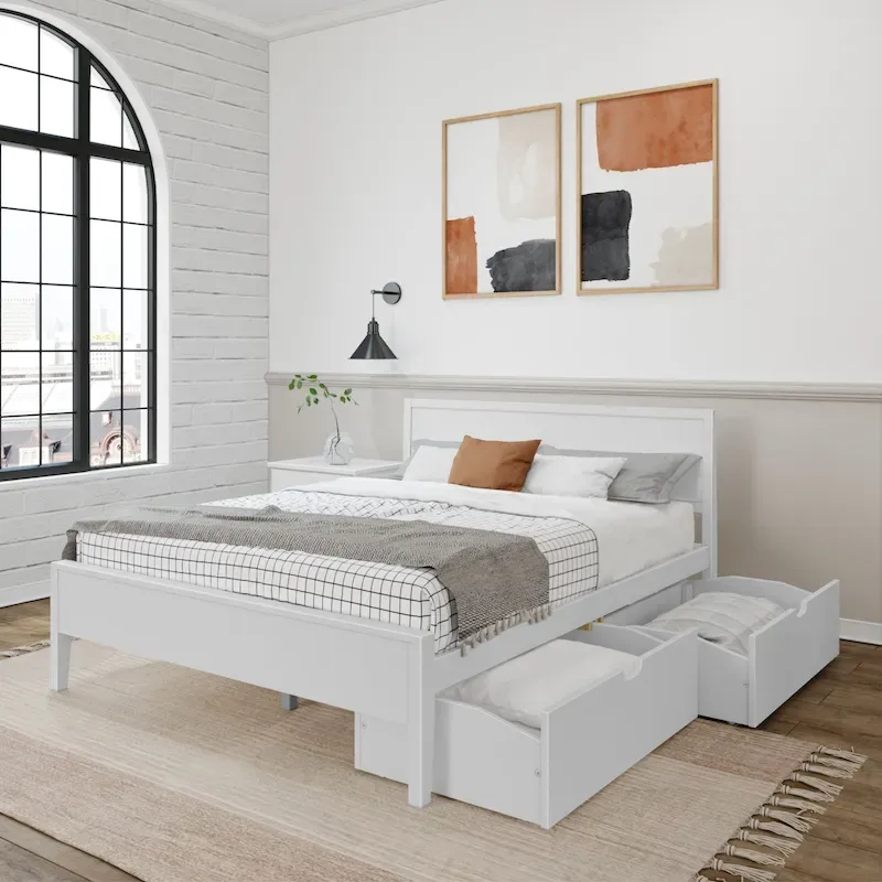 White / Clay Queen Bed with Panel Headboard & Storage Drawers, Sleeps 2