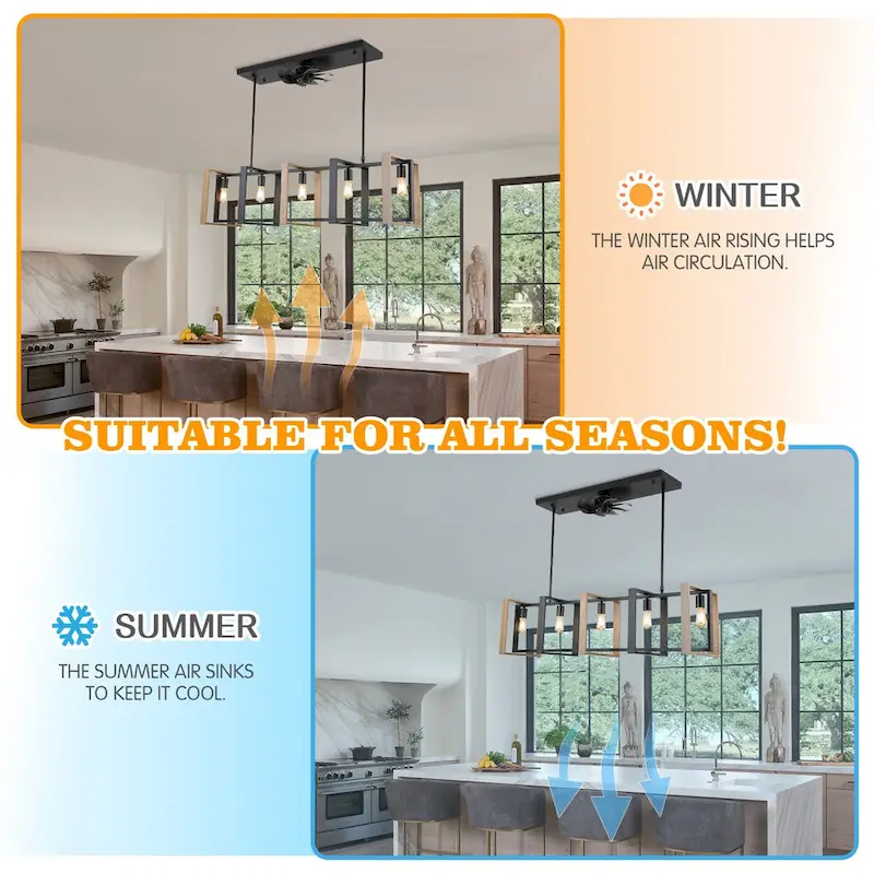 48  Modern Reversible Ceiling Fan 3-Speed with Remote, Kitchen Island Chandelier with 5-Light - 48 Inches