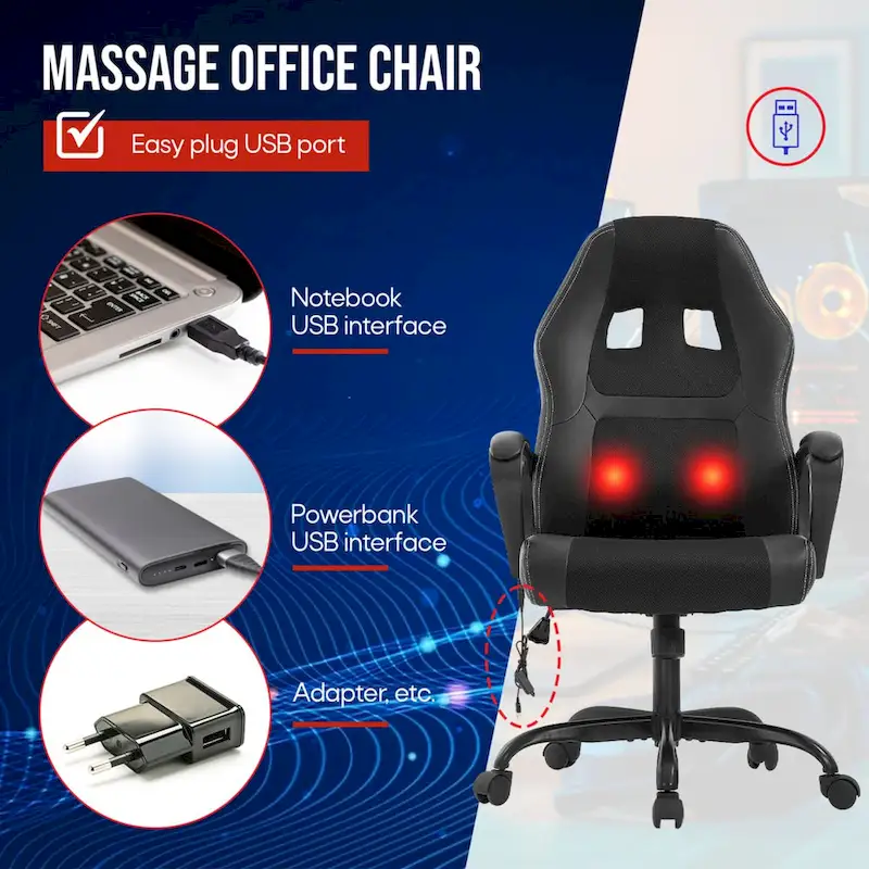 Zane Modern Black Adjustable Height Ergonomic Swivel Office Chair with Lumbar Vibration Massage
