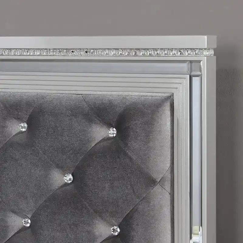 Seleena Glam Silver Fabric Upholstered Panel Bed with Button-Tufted by Furniture of America