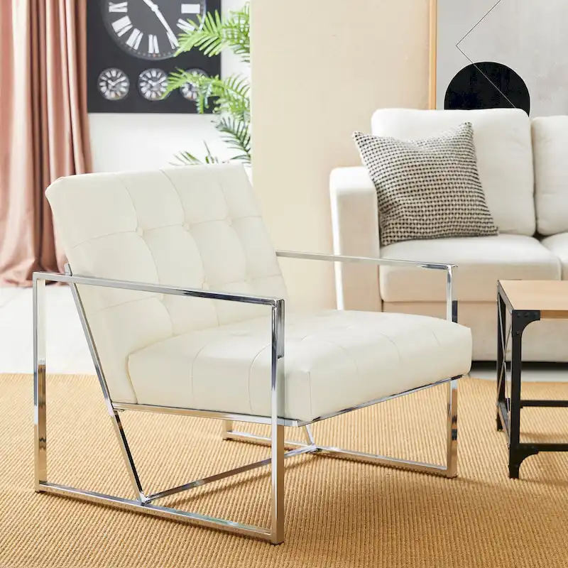 Glitzhome Set of 2 29.25W Mid-Century PU Leather Tufted Accent Chairs