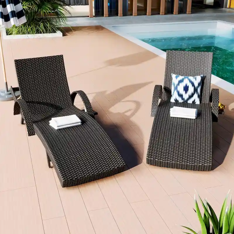 80 Wicker Chaise Lounge Chairs Set of 2,Patio Rattan Reclining Chair Pull-out Side Table Adjustable Backrest Ergonomic
