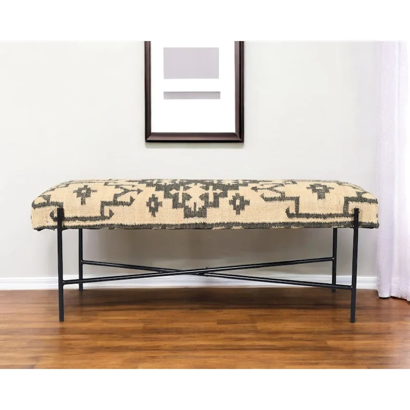 HomeRoots 48 Cream and Black Cotton Blend Upholstered Southwest Bench - 48' X '18' X '16
