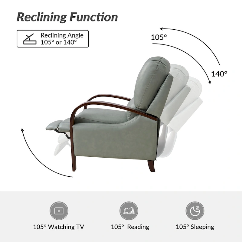 Alex Mid-century Modern Cigar Genuine Leather Manual Recliner with Wooden Curved Arms