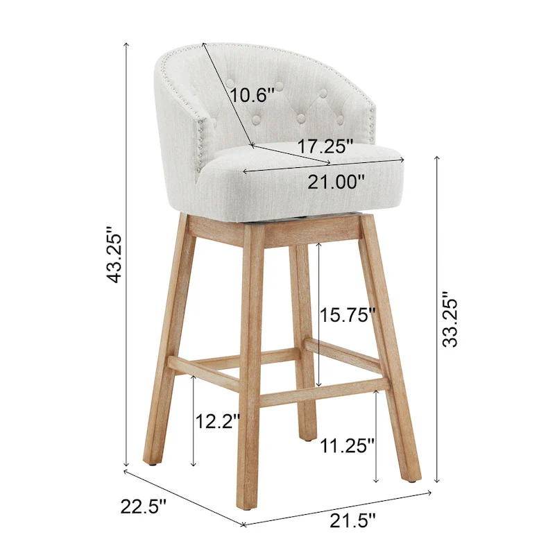 Roomfitters 33.25 Swivel Upholstered Counter Stools, Set of 2 Armless Bar Chairs with Rubberwood Frame and Footrest