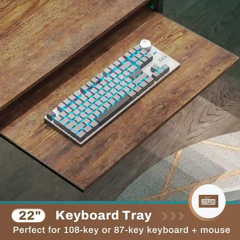 L Shaped Computer Desk Gaming Desk Keyboard Tray Power Outlets & LED