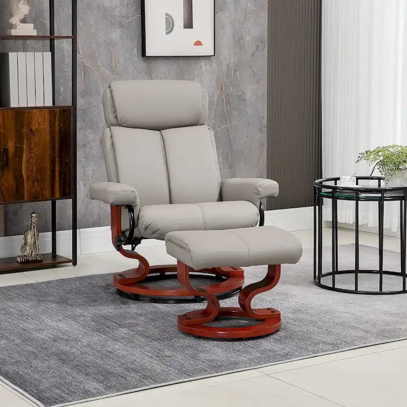 Modern Swivel Recliner Chair PU Leather Lounge Chair with Ottoman, Wood Base and Adjustable Headrest for Living Room, Office