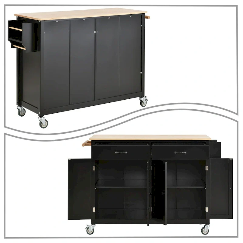 Classic Wooden Kitchen Island Cart with 2 Drawers, 2 Cabinets, a Towel Rack and a Spice Rack