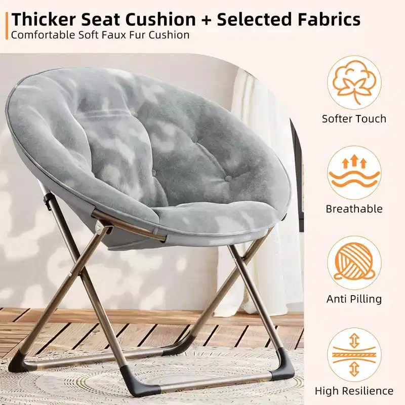 Comfy Saucer Chairs, Folding Reading Lounge Chair, Cozy Faux Fur Living Room Chair with Soft Thick Padded Seat Metal Frame, Modern Style Home