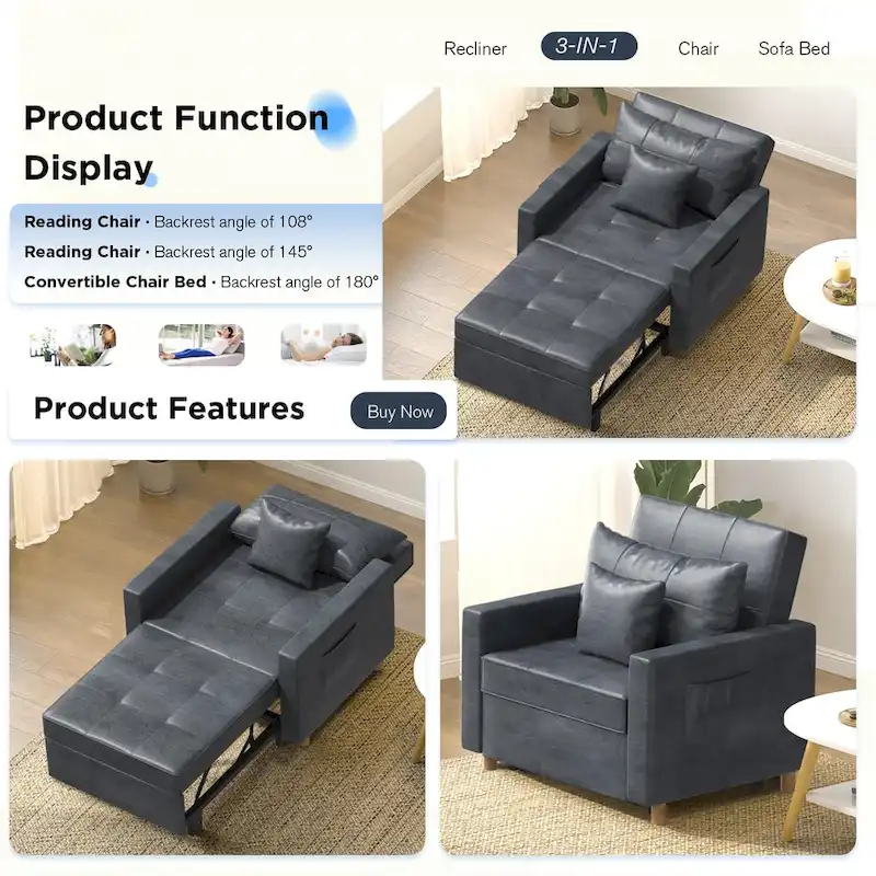 AECOJOY Adjustable Sleeper Chair Bed 3-in-1 Convertible Futon Sofa