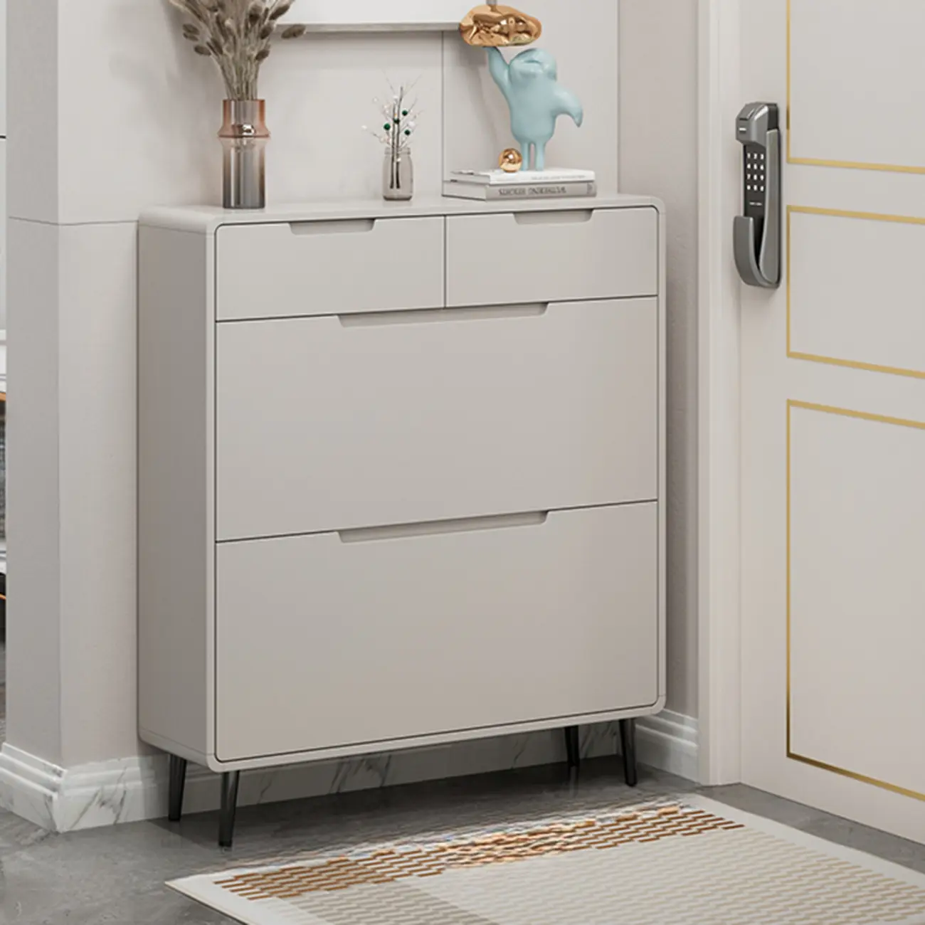 Drop-Front Beige Wood Entryway Shoe Cabinet with 2-Drawer