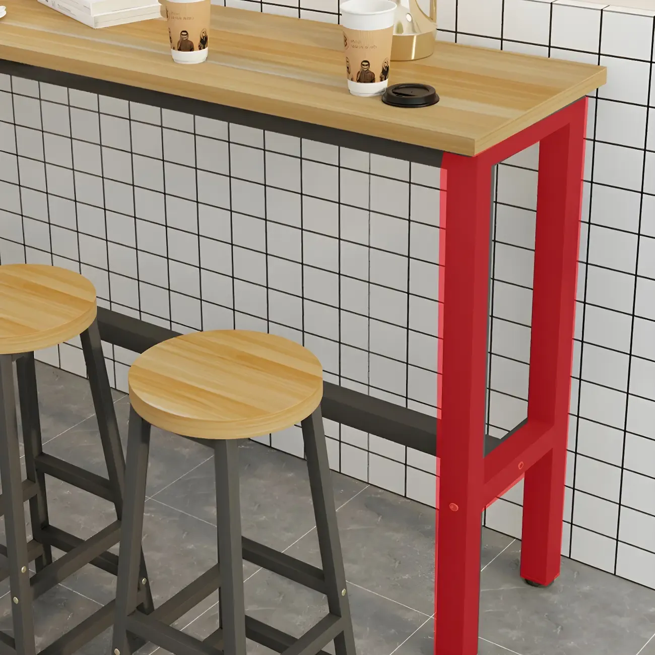 Rectangular Natural Wood Metal Trestle Bar Tables