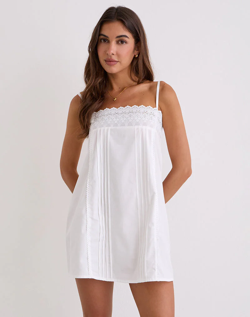 Yoshiko Broderie Trim Mini Dress in White