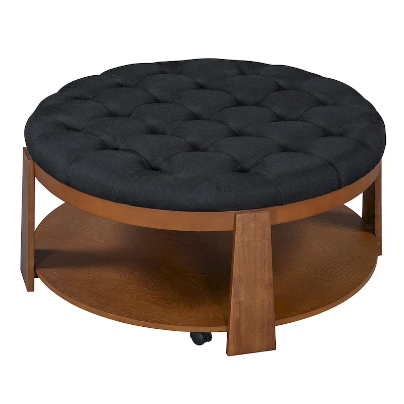 36 Round Button Tufted Upholstered Coffee Table with Wood Shelf and Wheel