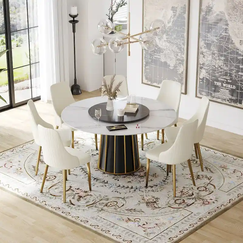 59 White Round Dining Table with Lazy Susan, Sintered Stone Tabletop - N/A