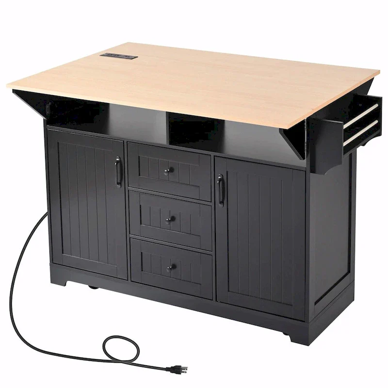 55.7 Kitchen Island with Drop Leaves, Rolling Cart with Power Outlet, Spice Rack, and 3 Drawers