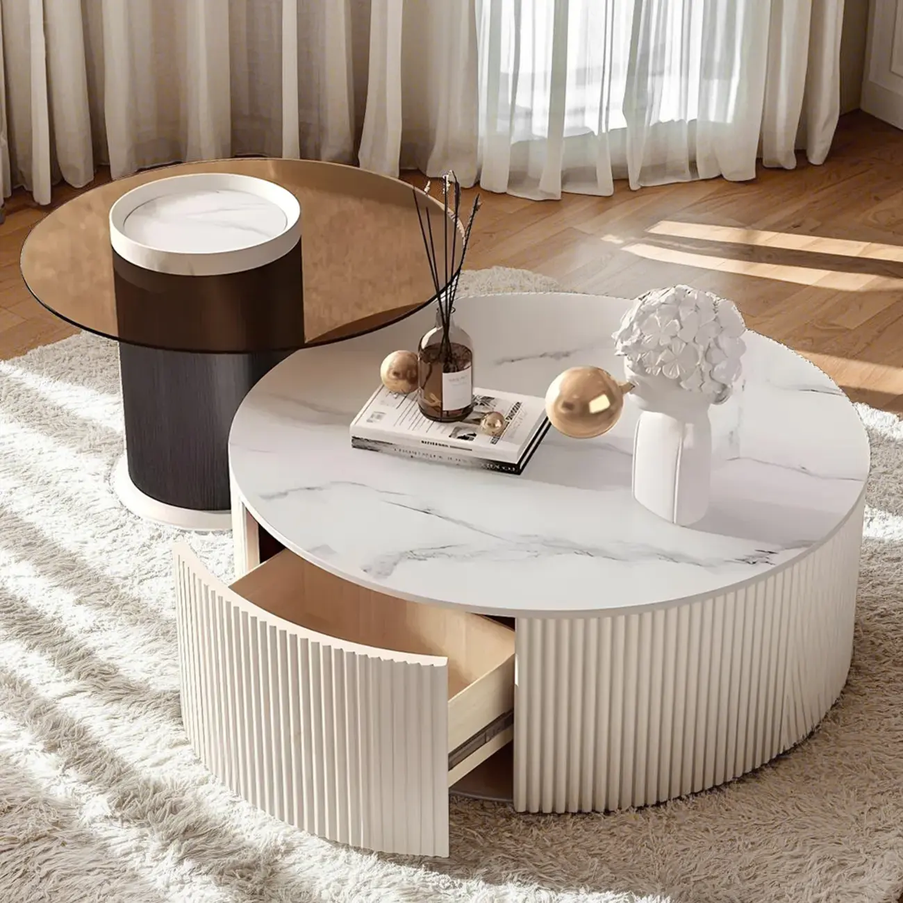 White Drum Round Wood Coffee Table with Storage