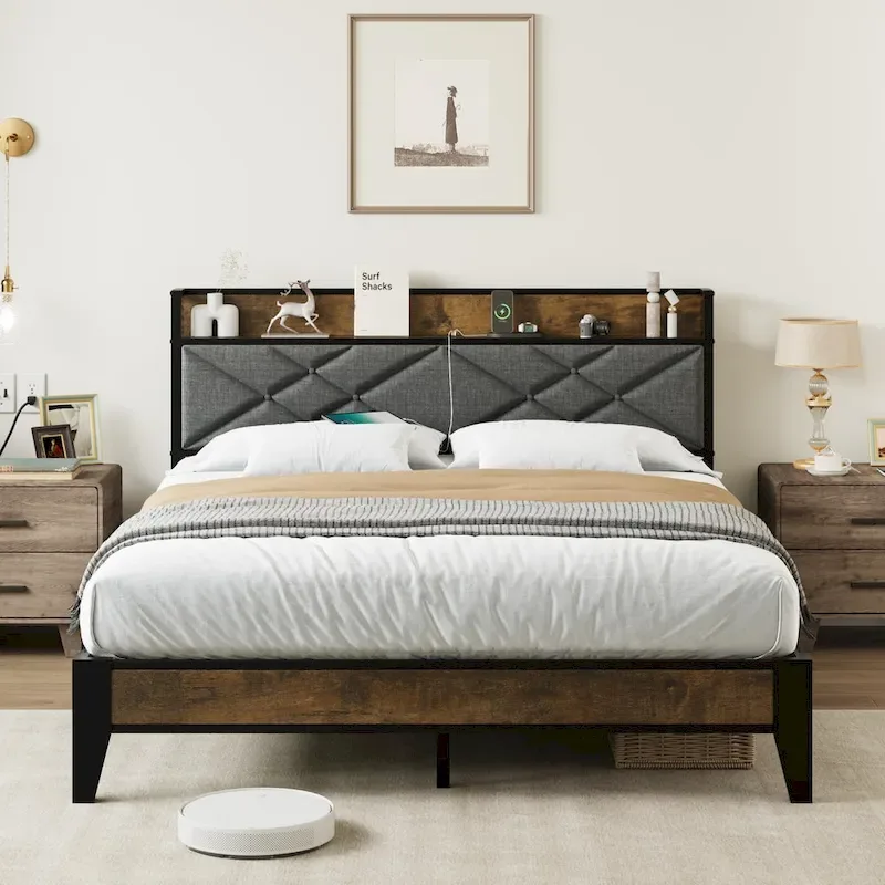 Upholstered Metal Platform Bed with Charging Station and Storage Shelf