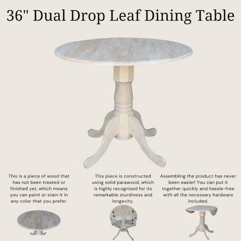Solid Wood Round 36-inch Drop-leaf Dining Table - Unfinished