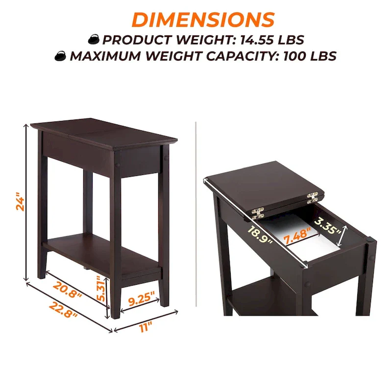 Narrow Flip-Top End Table with Drawer & Shelf, Gray/Black/Espresso/Cream/White/Cherry