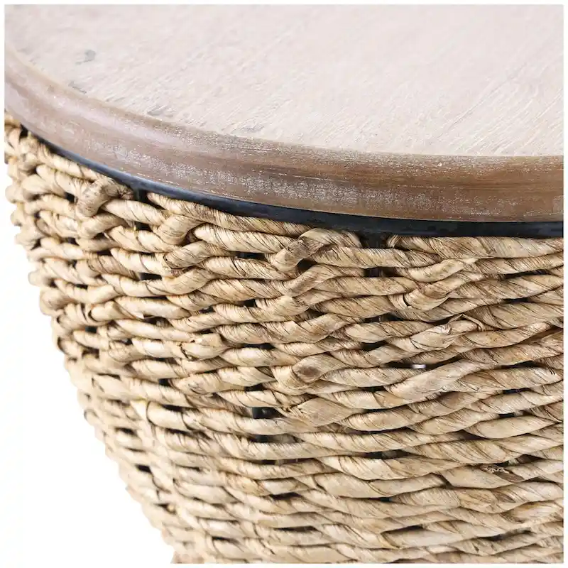 Rattan Handmade Woven Side End Accent Table with Wood Tabletop and Black Frame - Light Brown or Brown