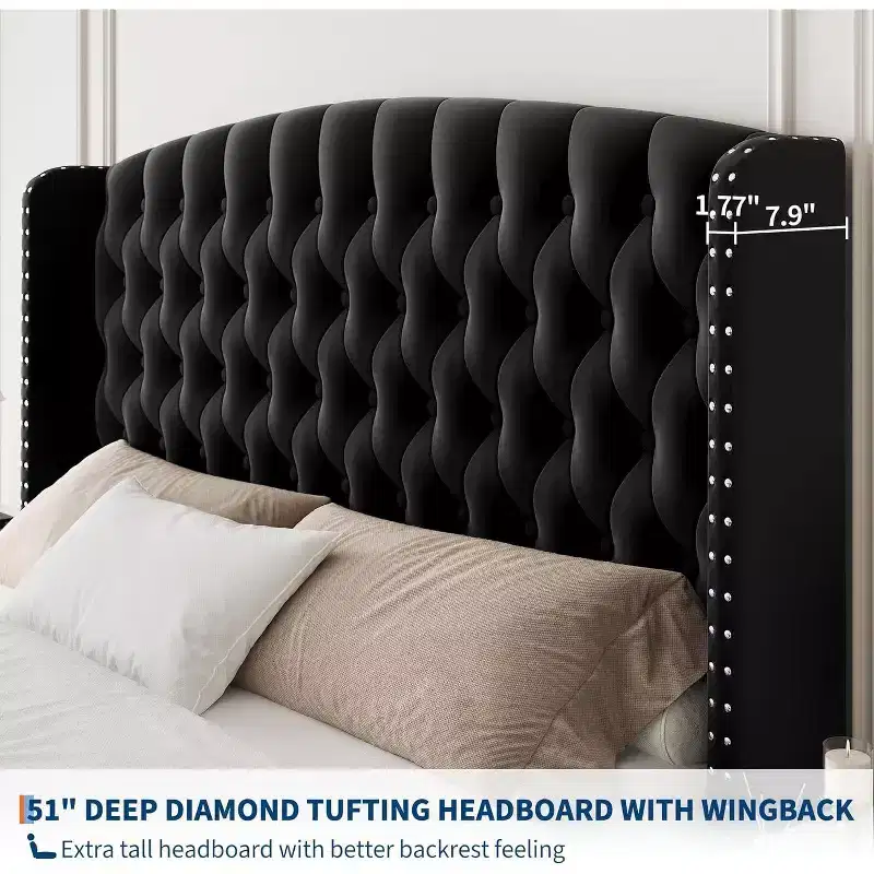 Acekool 51 Cream Velvet Queen Bed Frame - Wingback Headboard, Deep Button Tufting, No Box Spring Needed, Easy Assembly