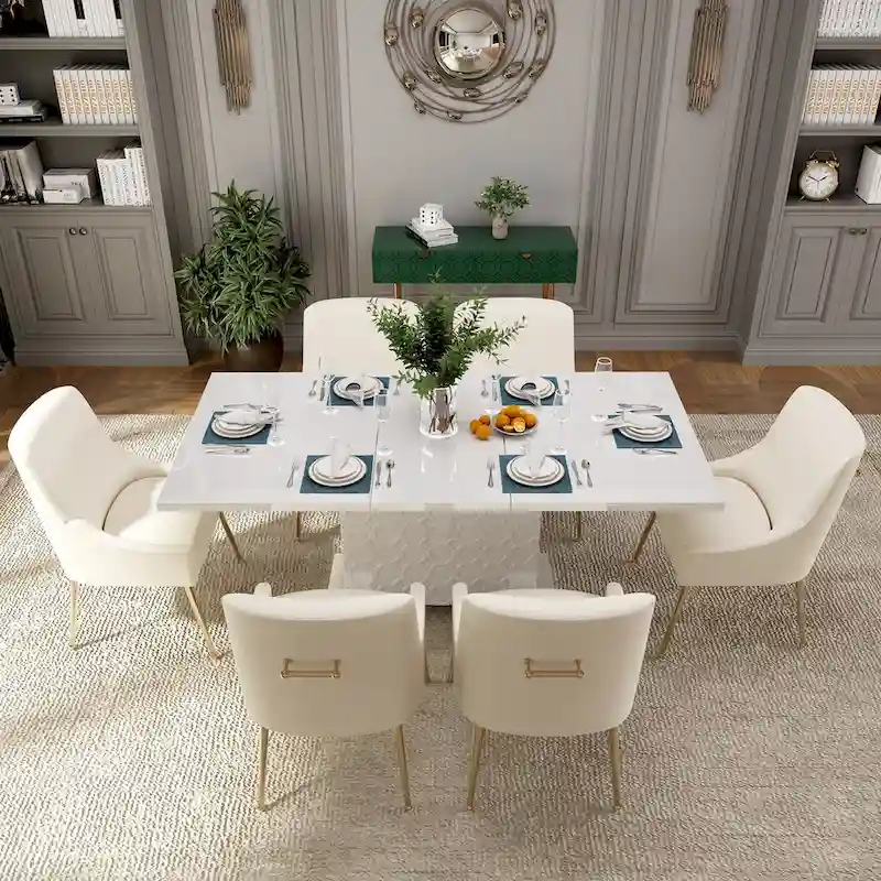 7-Piece Clihome High-gloss Extendable Table Velvet Chair Dining Set