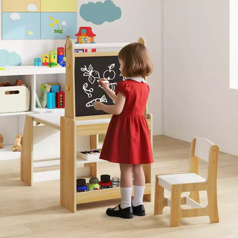Costway Kids Art Table and Chair Set with Easel & Chair Whiteboard & Chalkboard Paper Roll