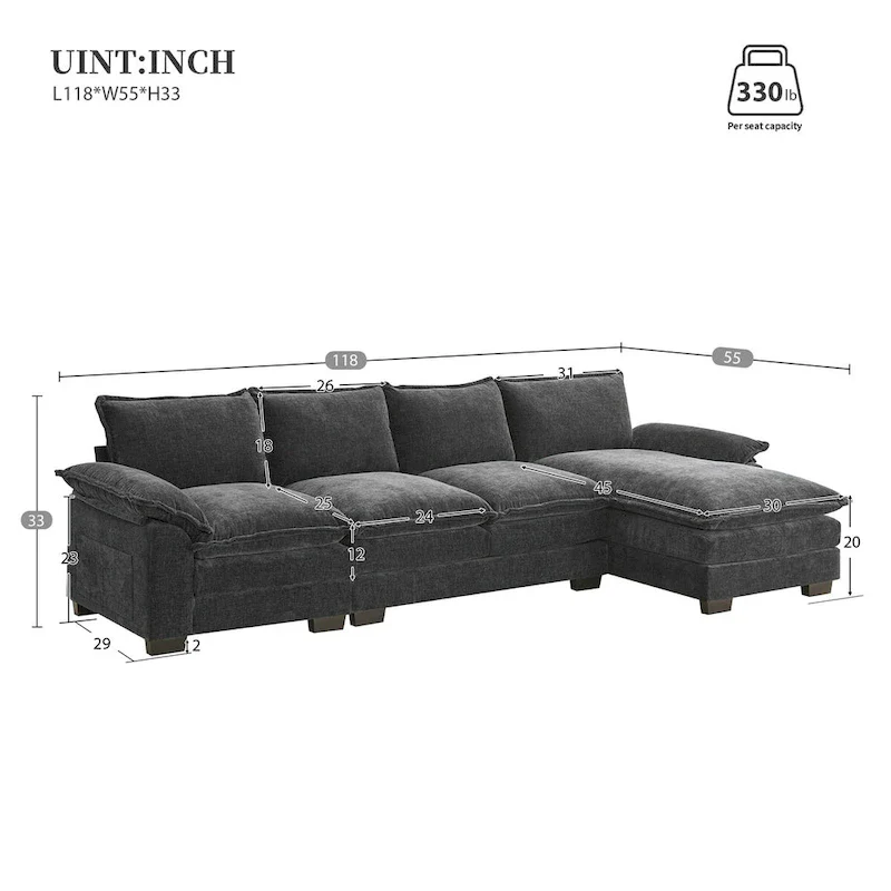 118*55 L-shaped Chenille Cloud Sofa with Double Seat Cushions, 5-seat Upholstered Sleeper Sofa Couch with Chaise Lounge