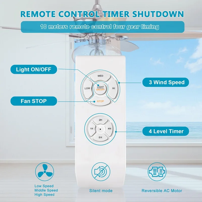 Bella Depot 52  Modern Matte Silver Ceiling Fan with Remote Control and Light Kit, 3-Speed Reversible Blades - 52 Inches