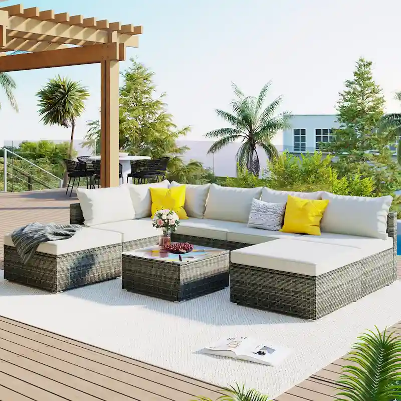 Modern 8-Piece Modular Outdoor Wicker Sofa Set with 1 Coffee Table and 2 Ottomans, Suitable for Outdoor Patios Backyards Gardens
