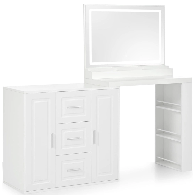 Vanity Desk with Mirror and Lights, Dressing Table with 3 Drawers and 2 Cabinets, Makeup Table with Storage Shelves