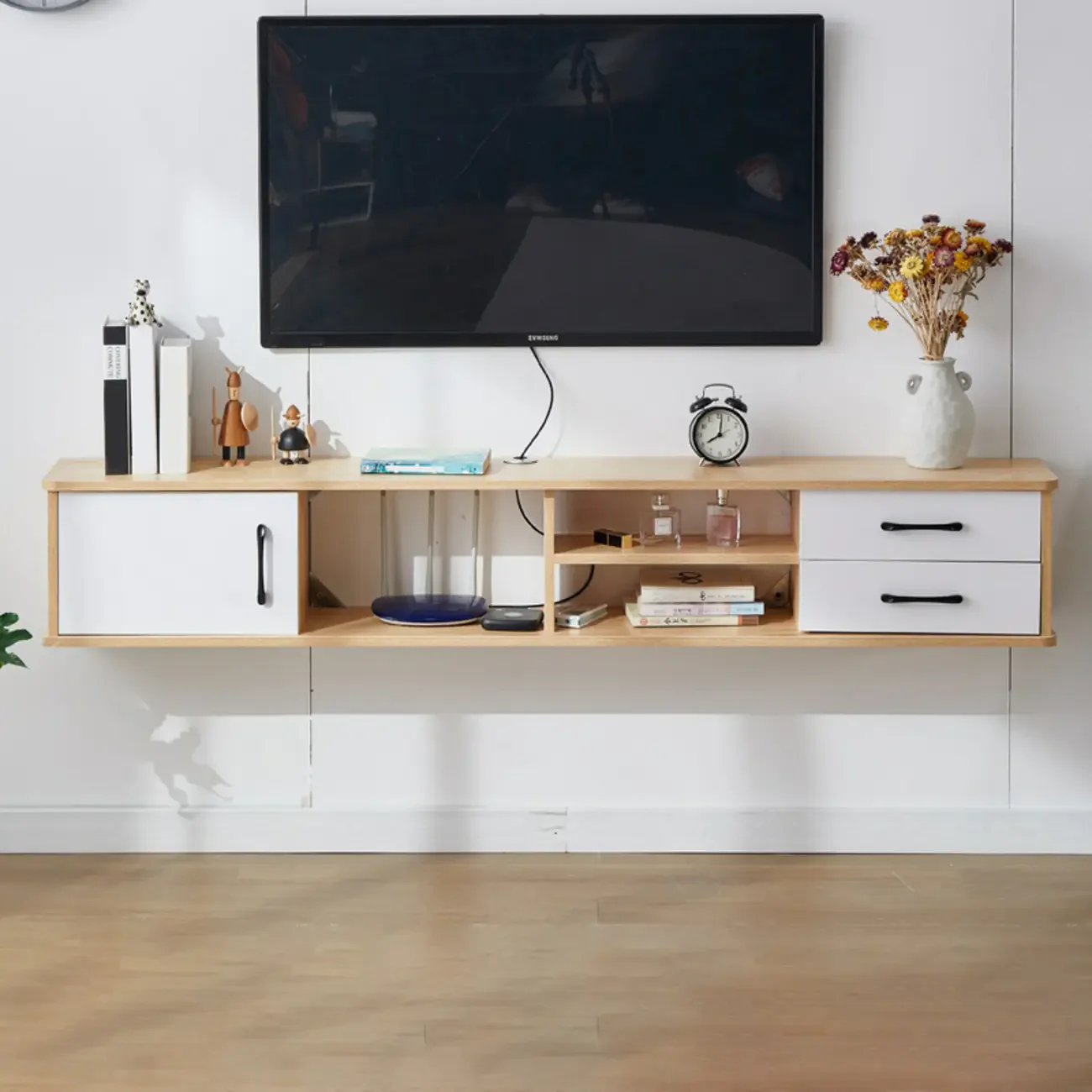 59 Grey Wooden Open Shelf Floating TV Stand with Drawers