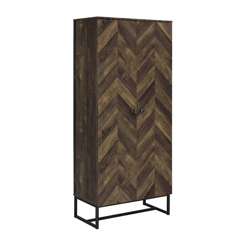 71 Inch 2 Door Tall Wardrobe Cabinet, Sled Legs, Chevron Wood Brown