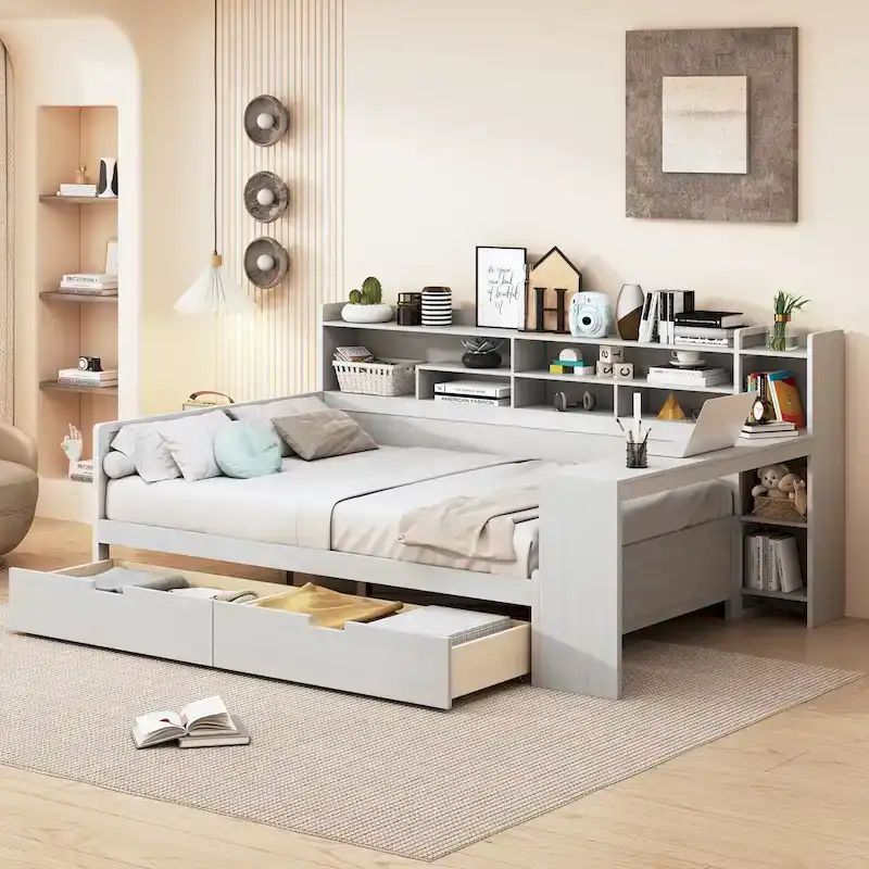 Wooden Full Size Daybed with Storage Shelves