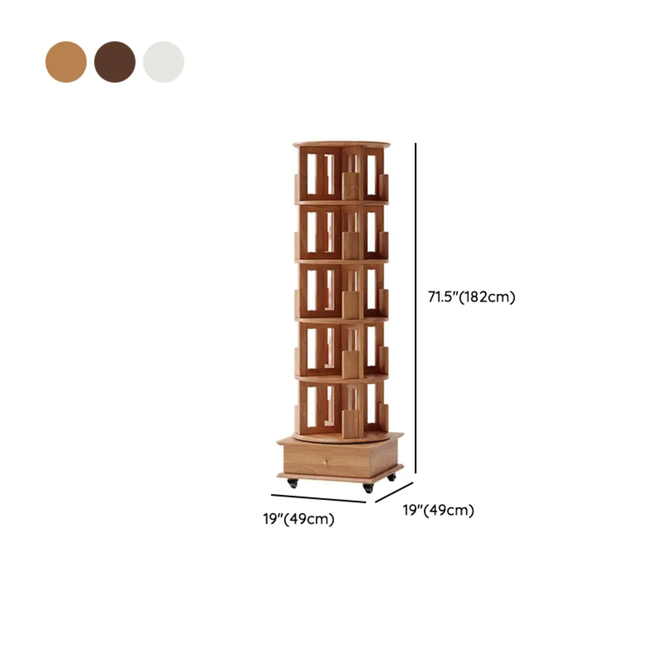 Cylindrical Movable 360° Rotating Wooden Bookshelf with Drawer