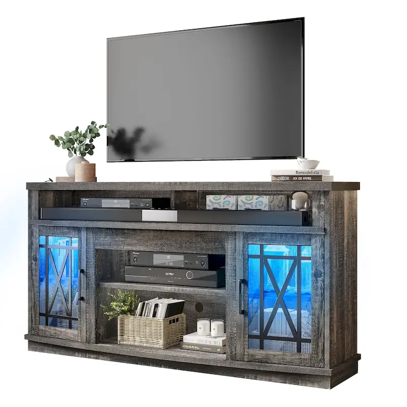 Moasis 59-inch Highboy 2-Door LED Lights TV Stand for TVs up to 70 Inches