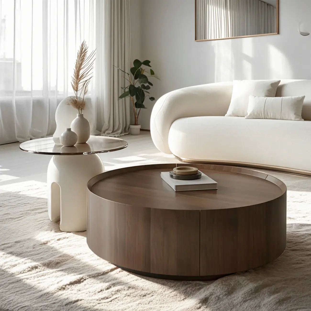 Brown Modern Stylish Round Wood Drawer Coffee Table