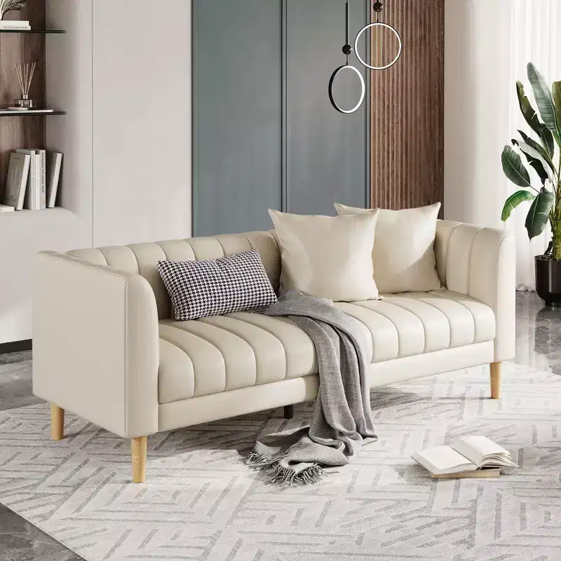 78 W Faux Leather Sofas Couches with 2 Throw Pillows, Mid Century Modern,3 Seater Sofa and Hardwood Legs,Easy Assembly, for Living Room and Bedroom