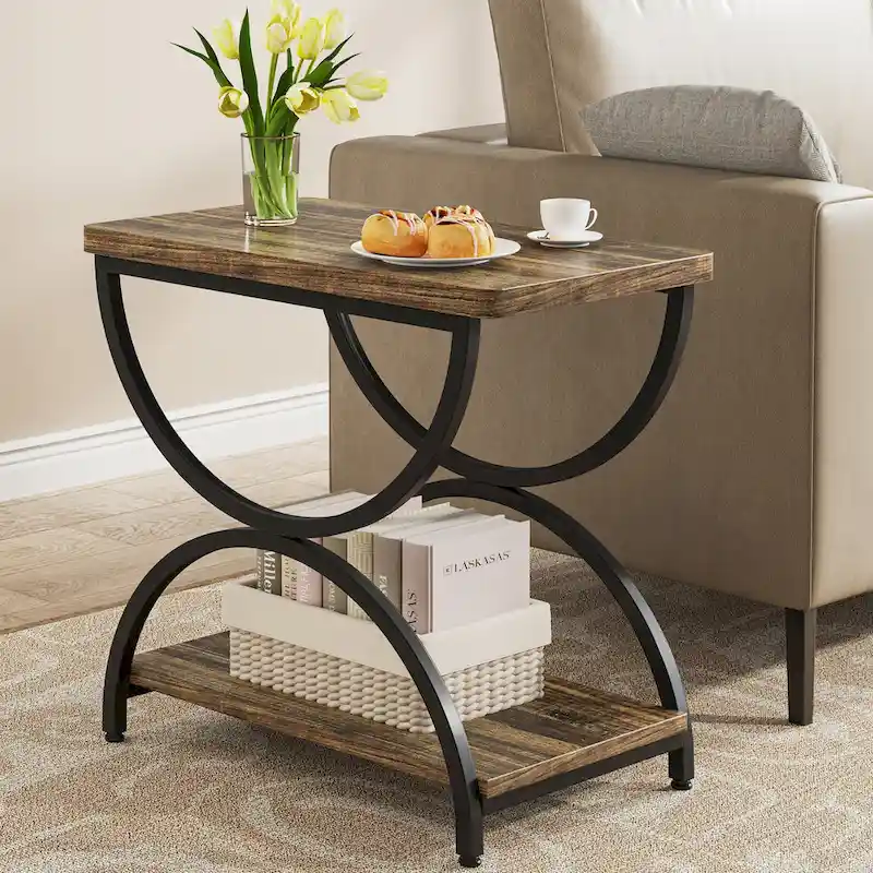 2-Tier RectangularWood Metal End Side Accent Table Nightstand